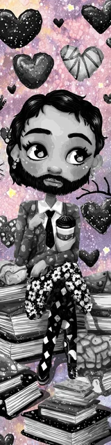 Free teacher bookmark featuring a gray-faced teacher sitting on books